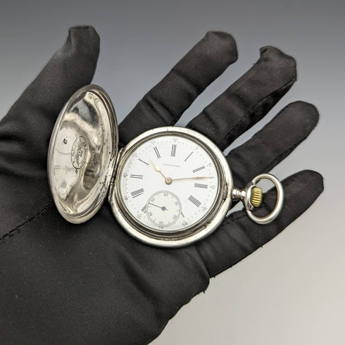 1907 年左右古董浪琴懷錶花卉雕刻銀邊獵人錶殼做工精良